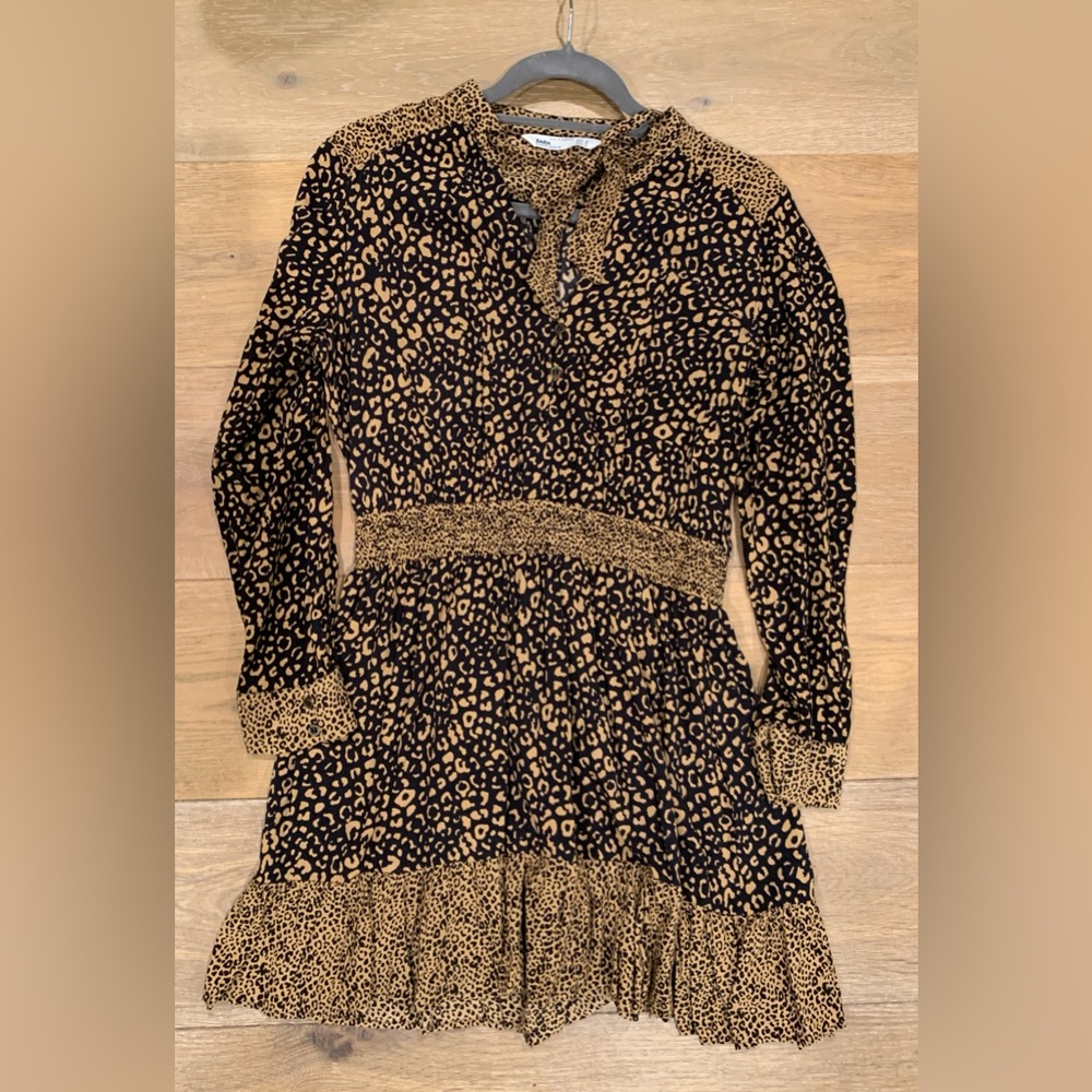 ZARA Leopard Print Festival Boho Date Night Long Sleeve Dress Tan Black Size M - Picture 3 of 8
